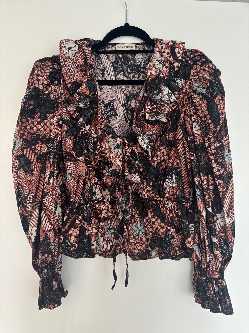 Ulla Johnson Pink & Black Floral Ruffle Peplum Blouse